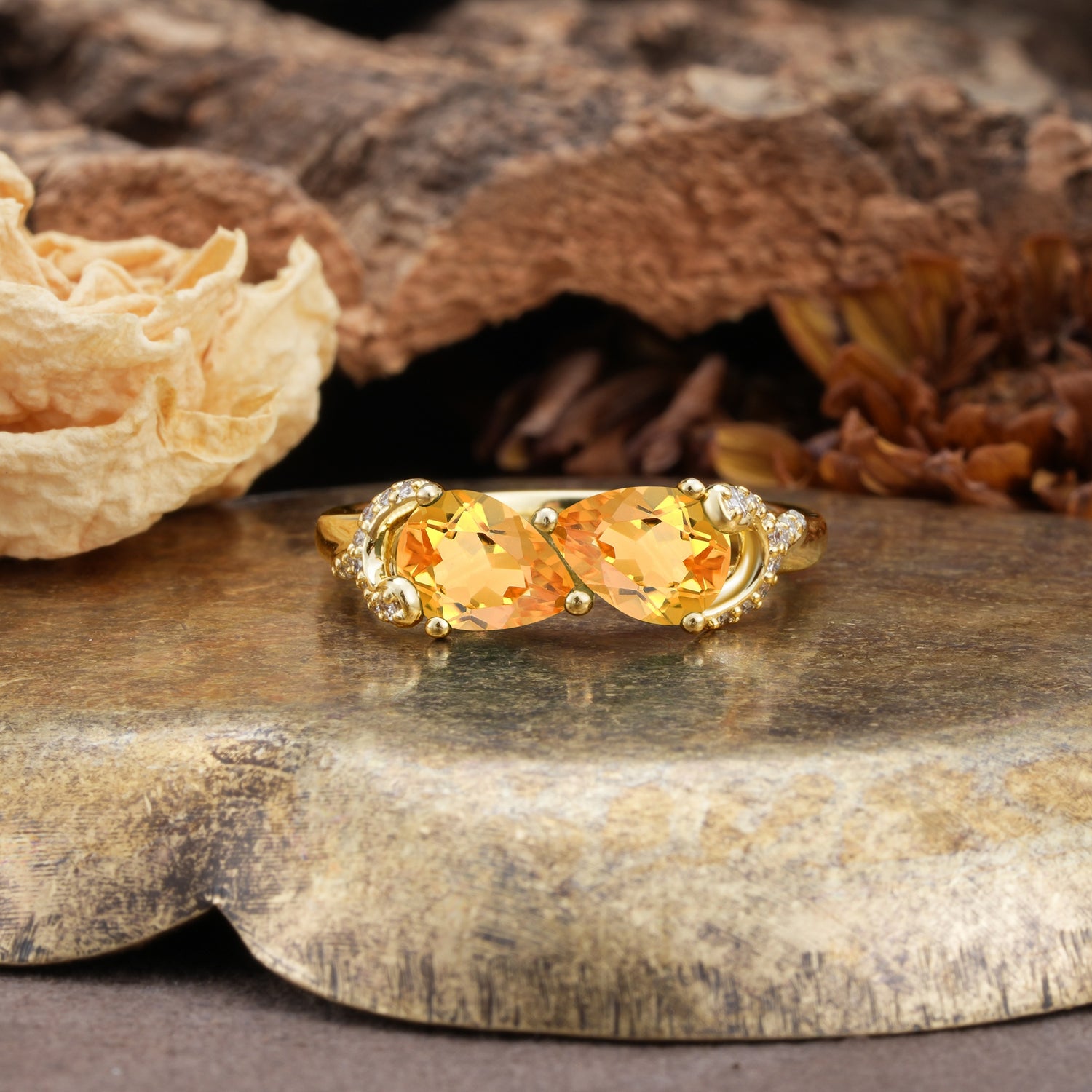 Uniquely Creative 3-Prong Double Pear-Cut Citrine Two Stones Wedding Ring