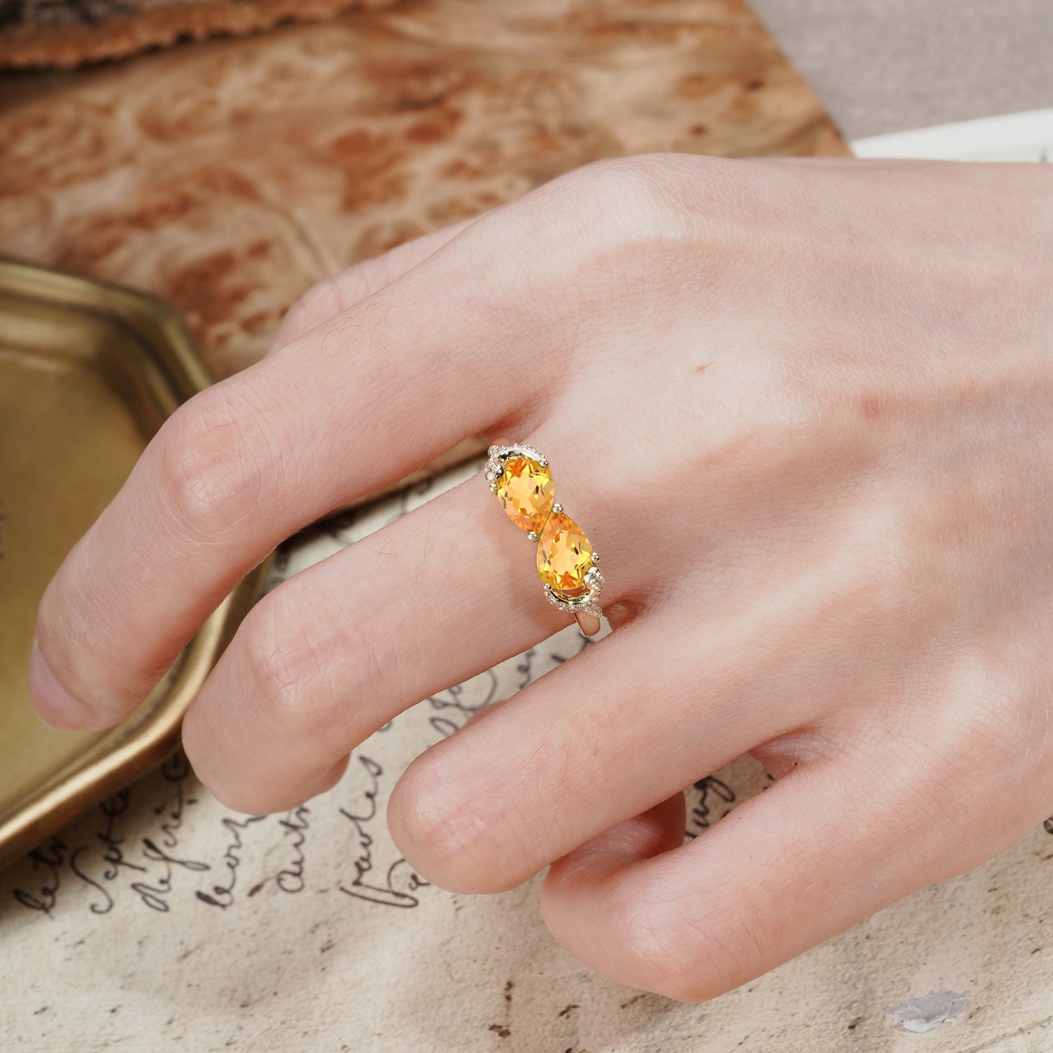 Uniquely Creative 3-Prong Double Pear-Cut Citrine Two Stones Wedding Ring
