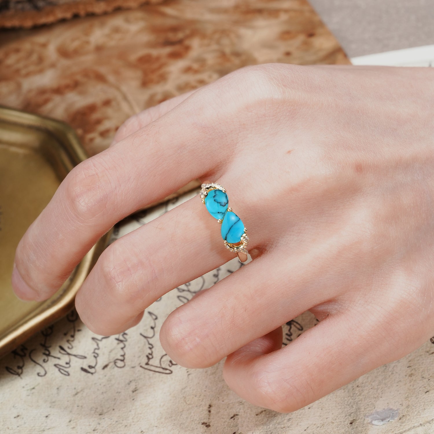 Uniquely Creative 3-Prong Double Pear-Cut Turquoise Two Stones Wedding Ring