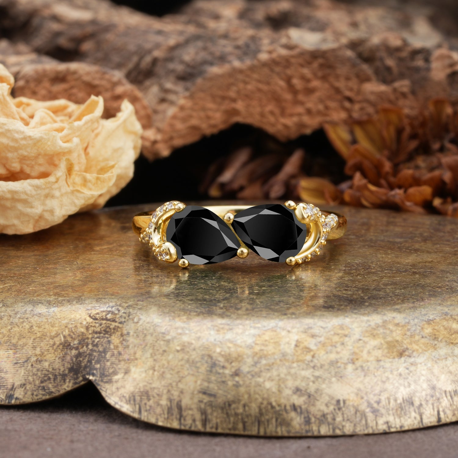 Uniquely Creative 3-Prong Double Pear-Cut Black Onyx Two Stones Wedding Ring