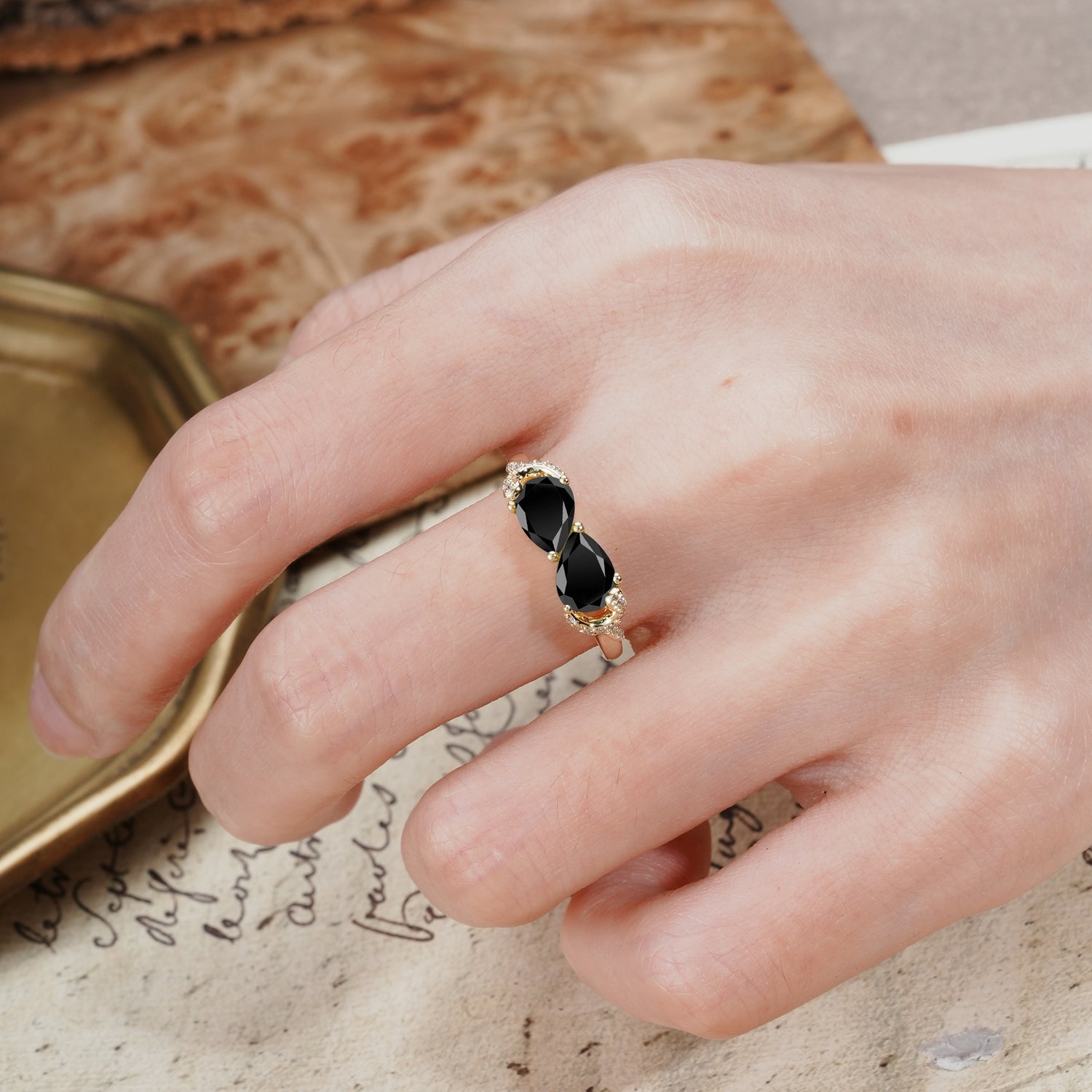 Uniquely Creative 3-Prong Double Pear-Cut Black Onyx Two Stones Wedding Ring
