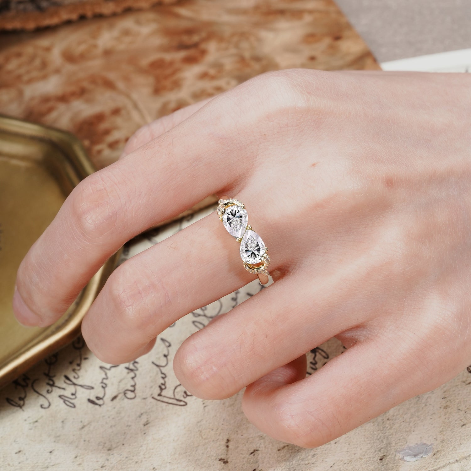 Uniquely Creative 3-Prong Double Pear-Cut Lab Diamond Two Stones Wedding Ring