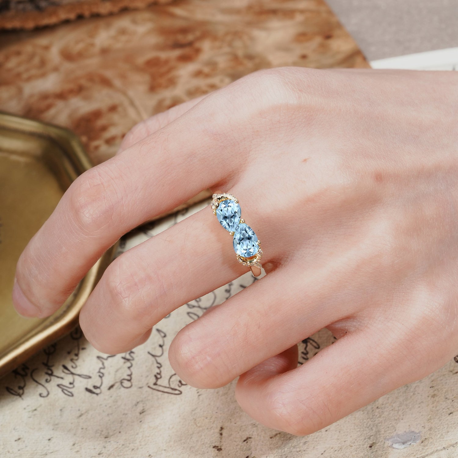 Uniquely Creative 3-Prong Double Pear-Cut Aquamarine Two Stones Wedding Ring