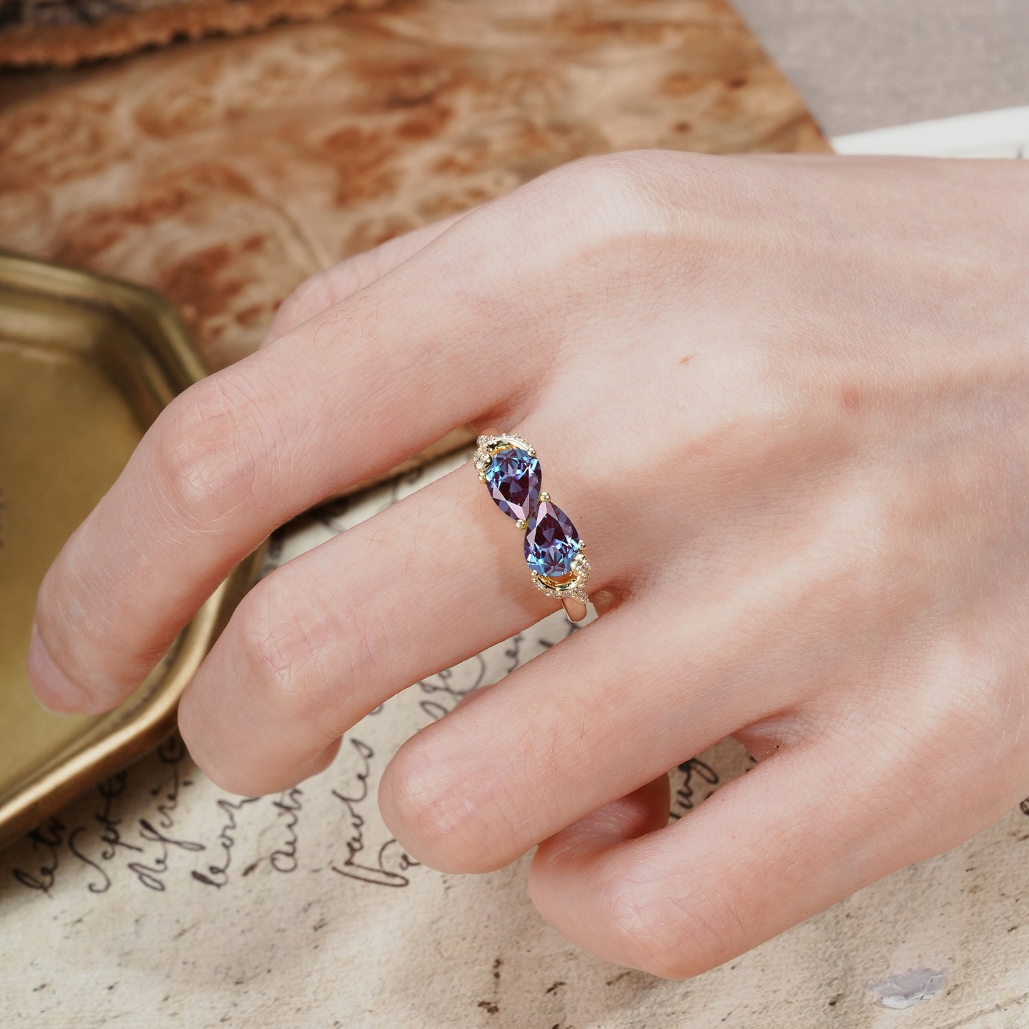 Uniquely Creative 3-Prong Double Pear-Cut Alexandrite Two Stones Wedding Ring