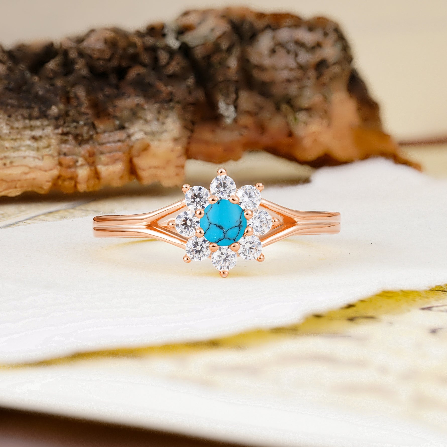 Natural Inspired Flower Shape 8-Prong Round Cut Turquoise Engagement Ring - Additional view