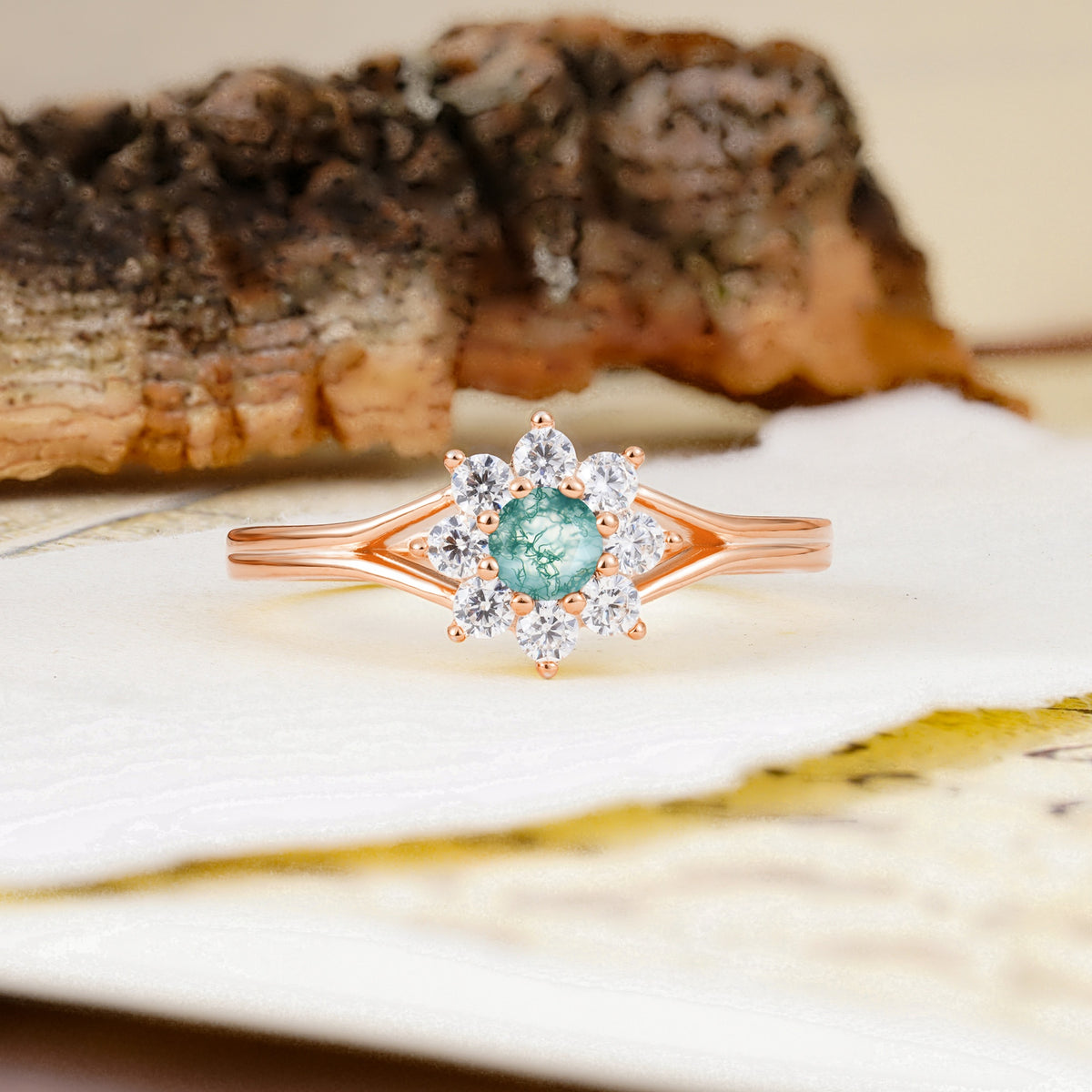Natural Inspired Flower Shape 8-Prong Round Cut Moss Agate Engagement Ring - Additional view