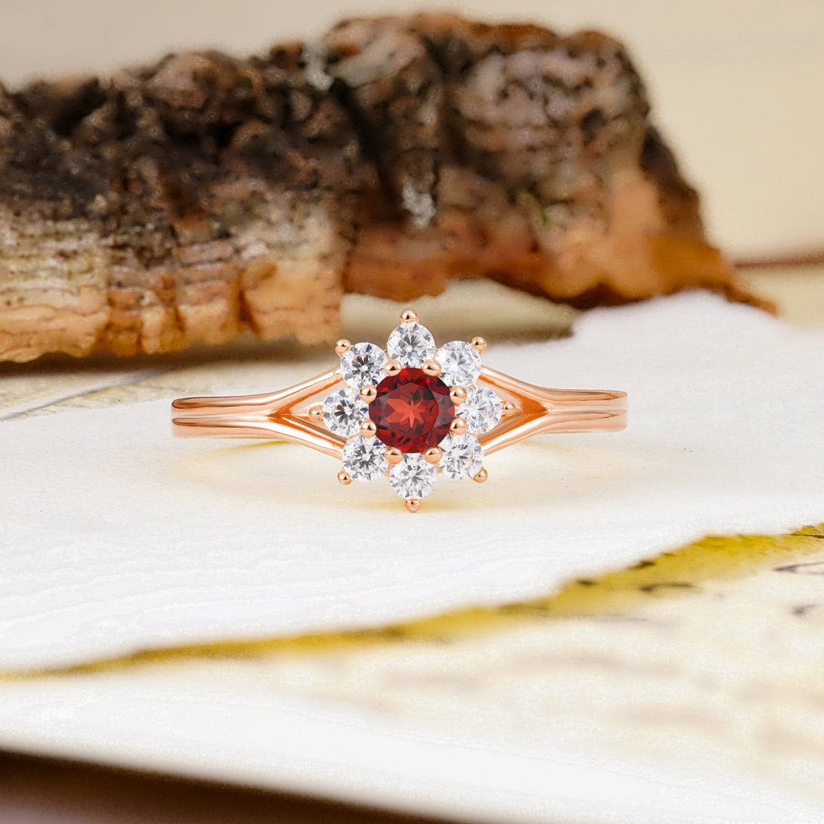 Natural Inspired Flower Shape 8-Prong Round Cut Garnet Engagement Ring - Additional view