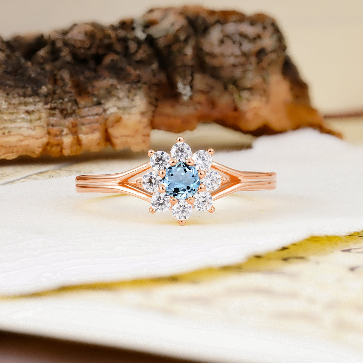 Natural Inspired Flower Shape 8-Prong Round Cut Aquamarine Engagement Ring - Additional view