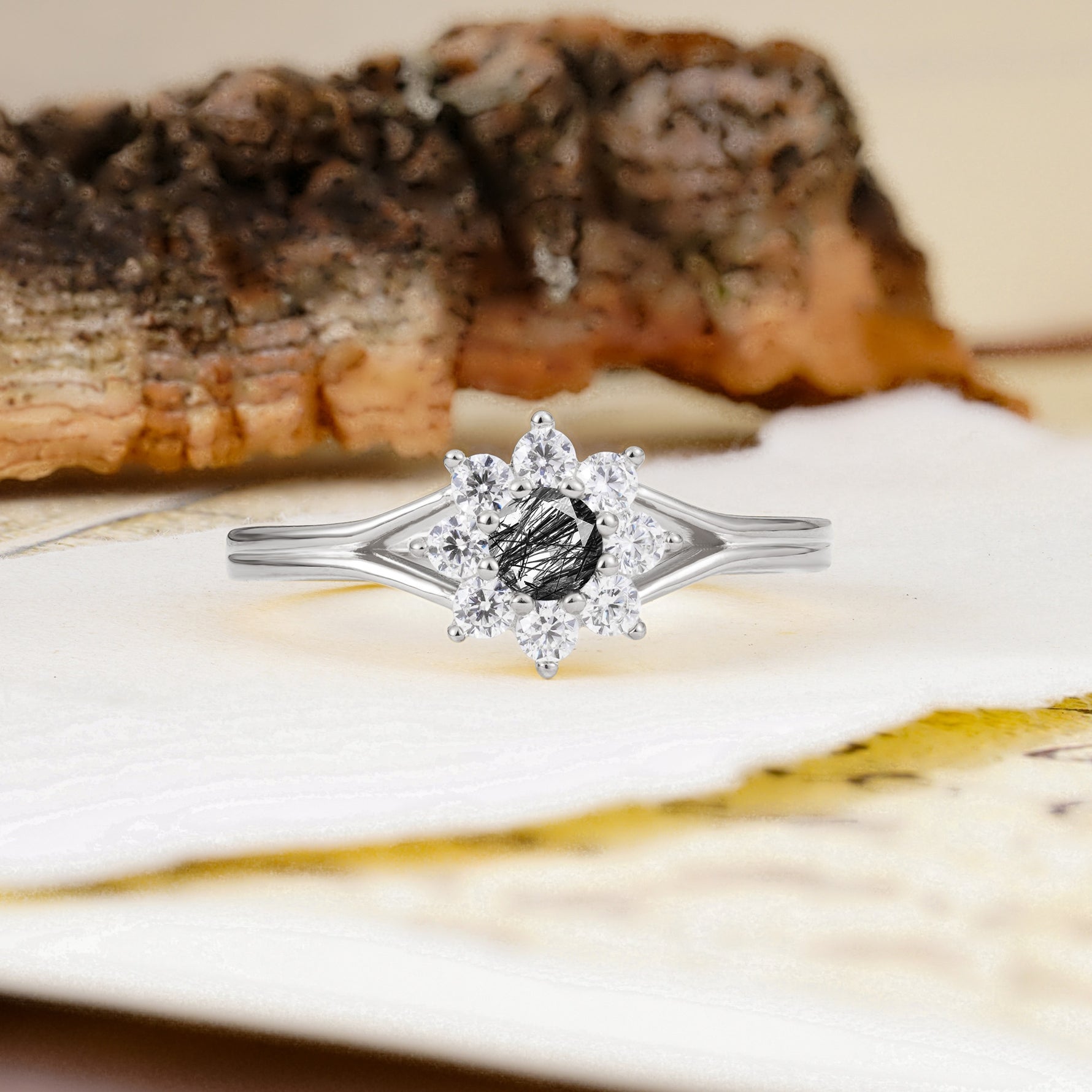 Natural Inspired Flower Shape 8-Prong Round Cut Black Rutilated Quartz Engagement Ring - Additional view