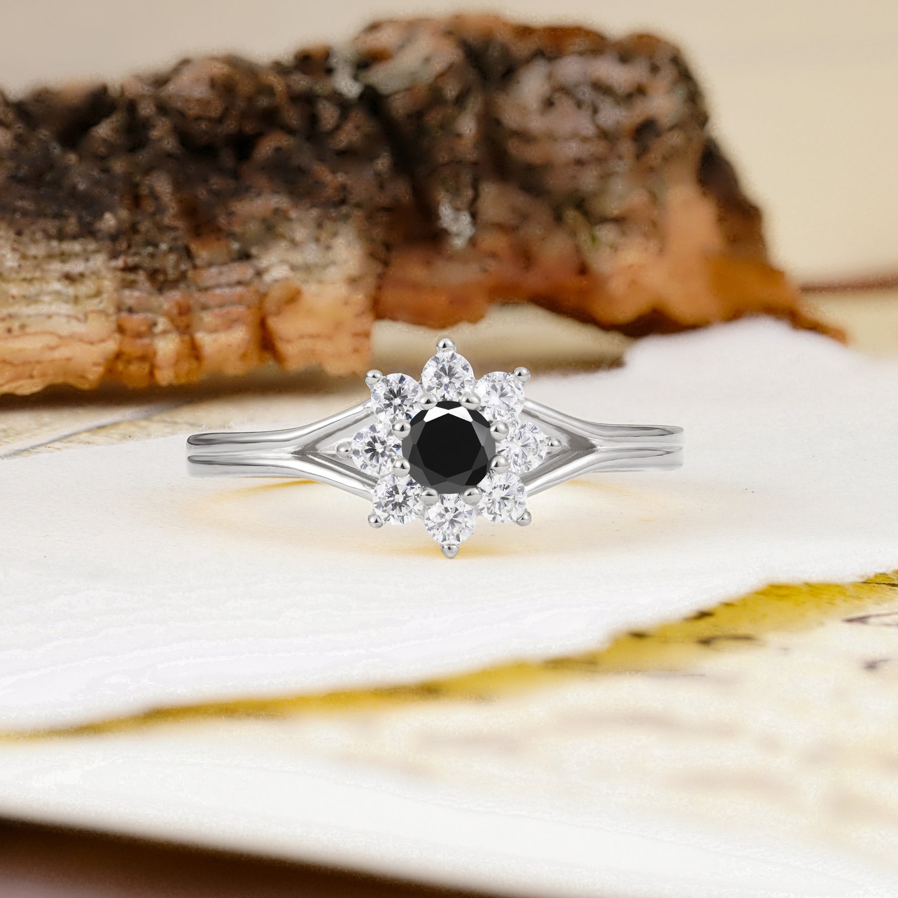Natural Inspired Flower Shape 8-Prong Round Cut Black Onyx Engagement Ring - Additional view