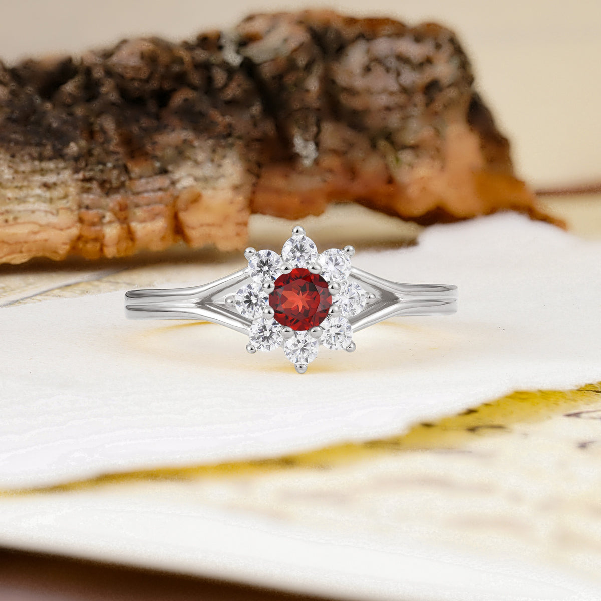 Natural Inspired Flower Shape 8-Prong Round Cut Garnet Engagement Ring - Additional view