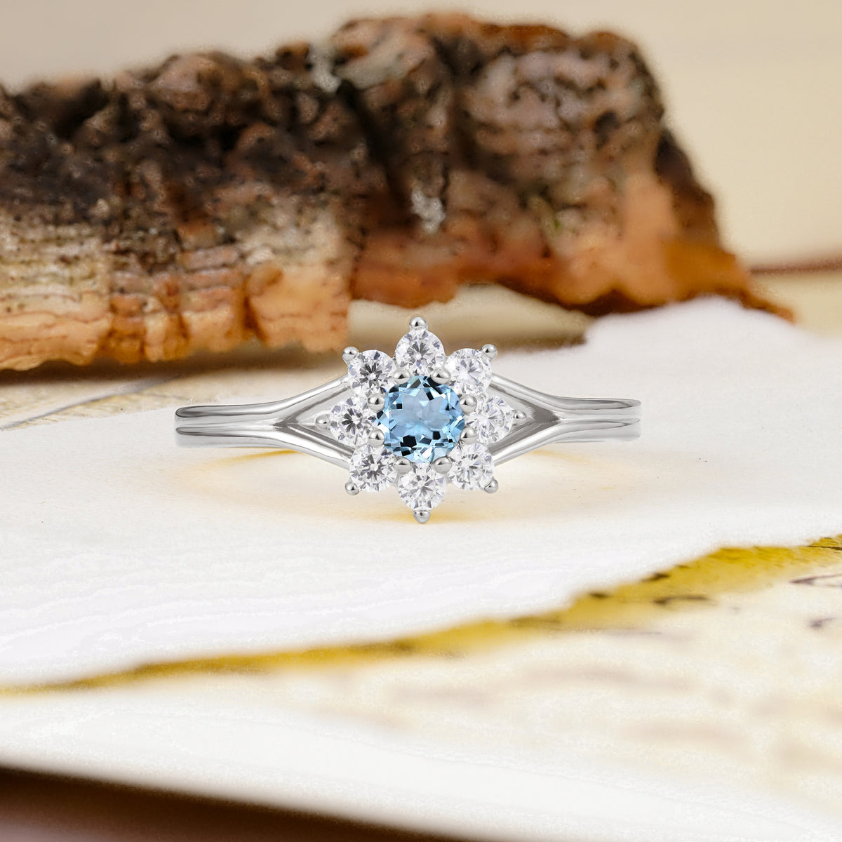 Natural Inspired Flower Shape 8-Prong Round Cut Aquamarine Engagement Ring - Additional view