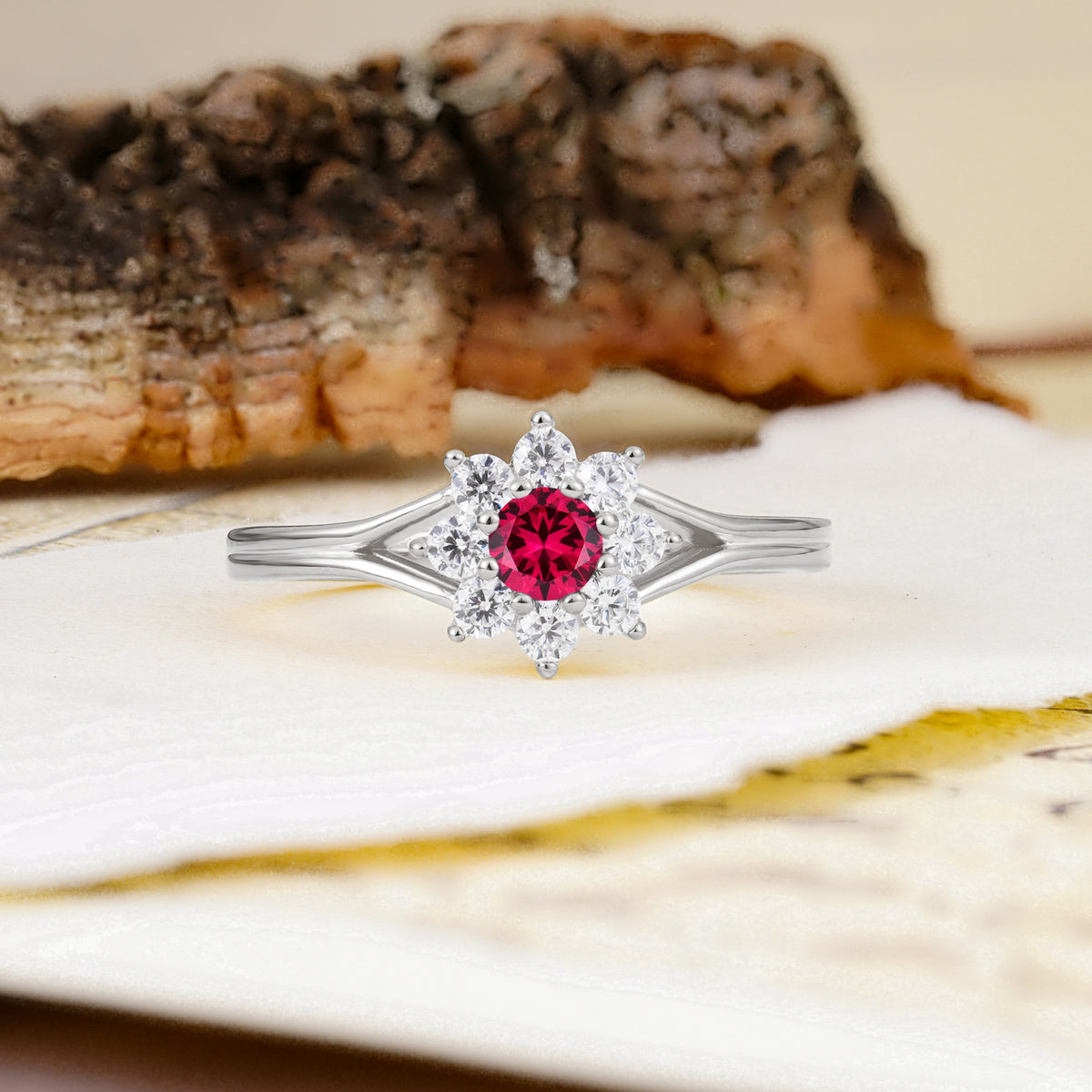 Natural Inspired Flower Shape 8-Prong Round Cut Ruby Engagement Ring - Additional view