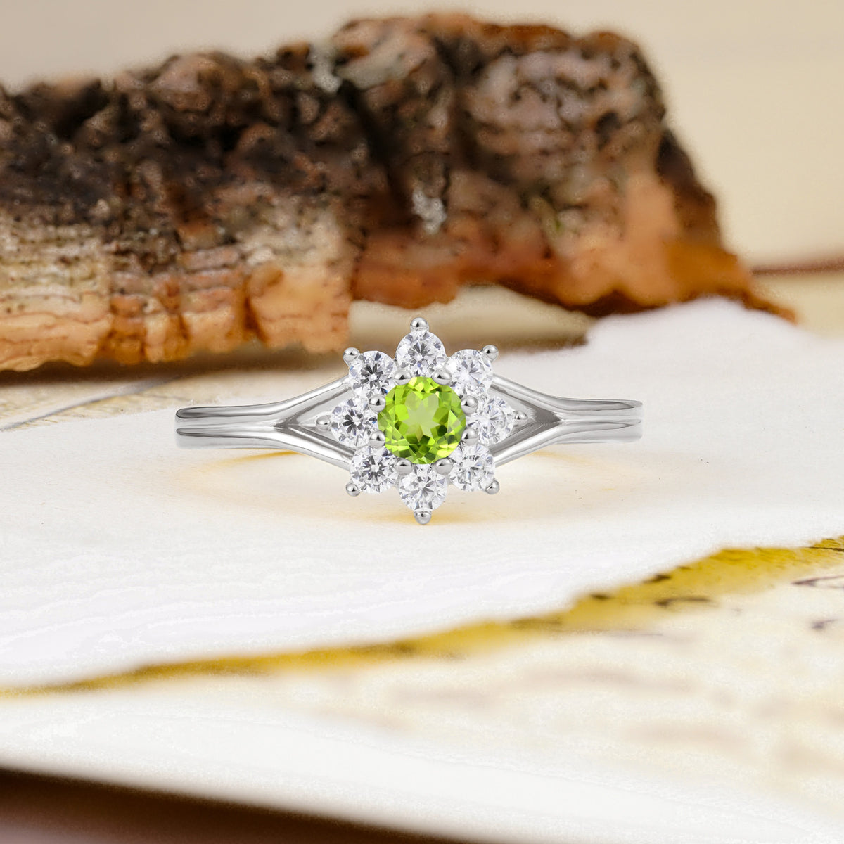Natural Inspired Flower Shape 8-Prong Round Cut Peridot Engagement Ring - Additional view
