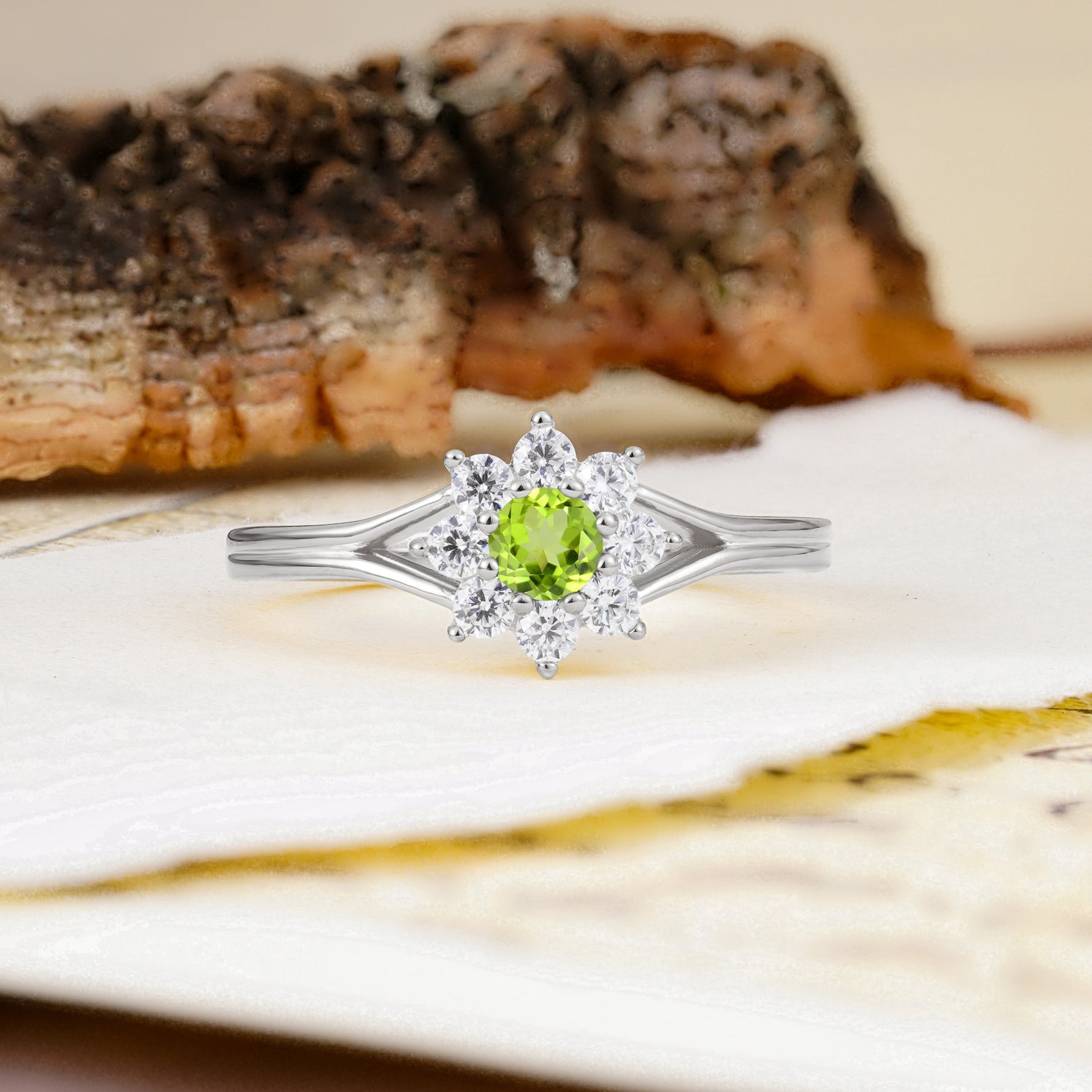 Natural Inspired Flower Shape 8-Prong Round Cut Peridot Engagement Ring - Additional view