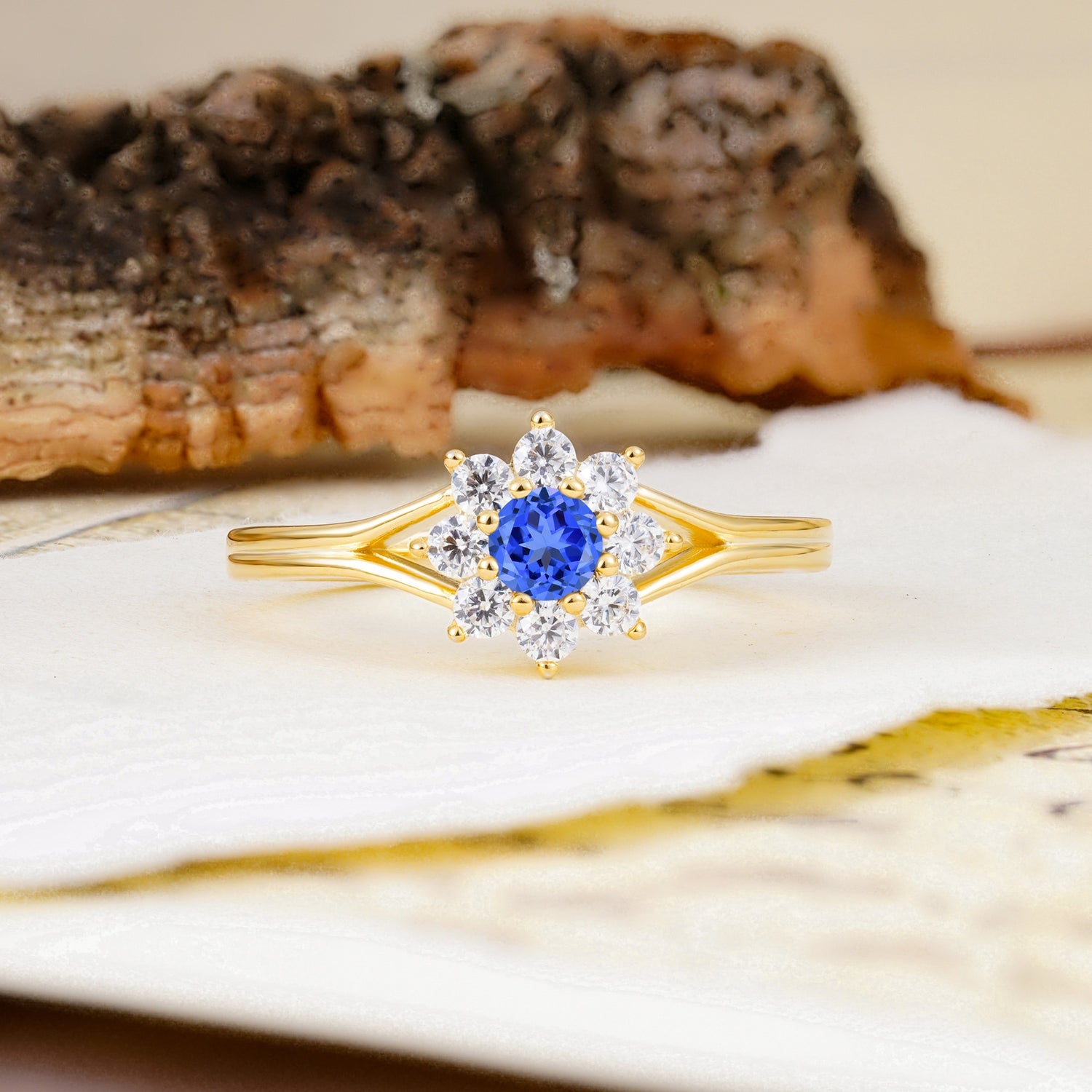 Natural Inspired Flower Shape 8-Prong Round Cut Sapphire Engagement Ring - Additional view