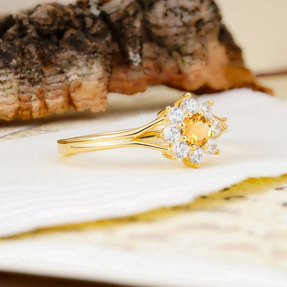 Natural Inspired Flower Shape 8-Prong Round Cut Citrine Engagement Ring - Additional view