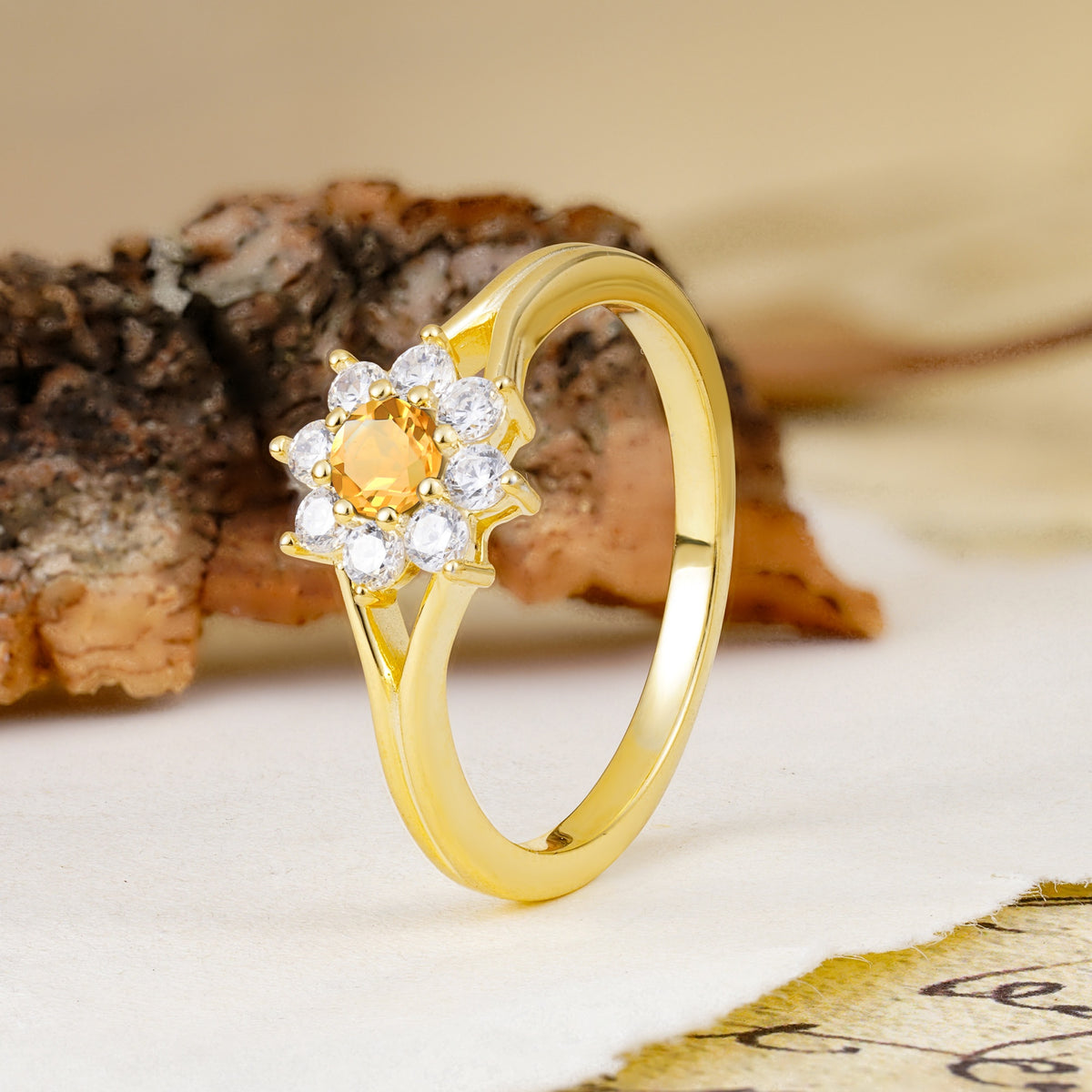 Natural Inspired Flower Shape 8-Prong Round Cut Citrine Engagement Ring - Additional view