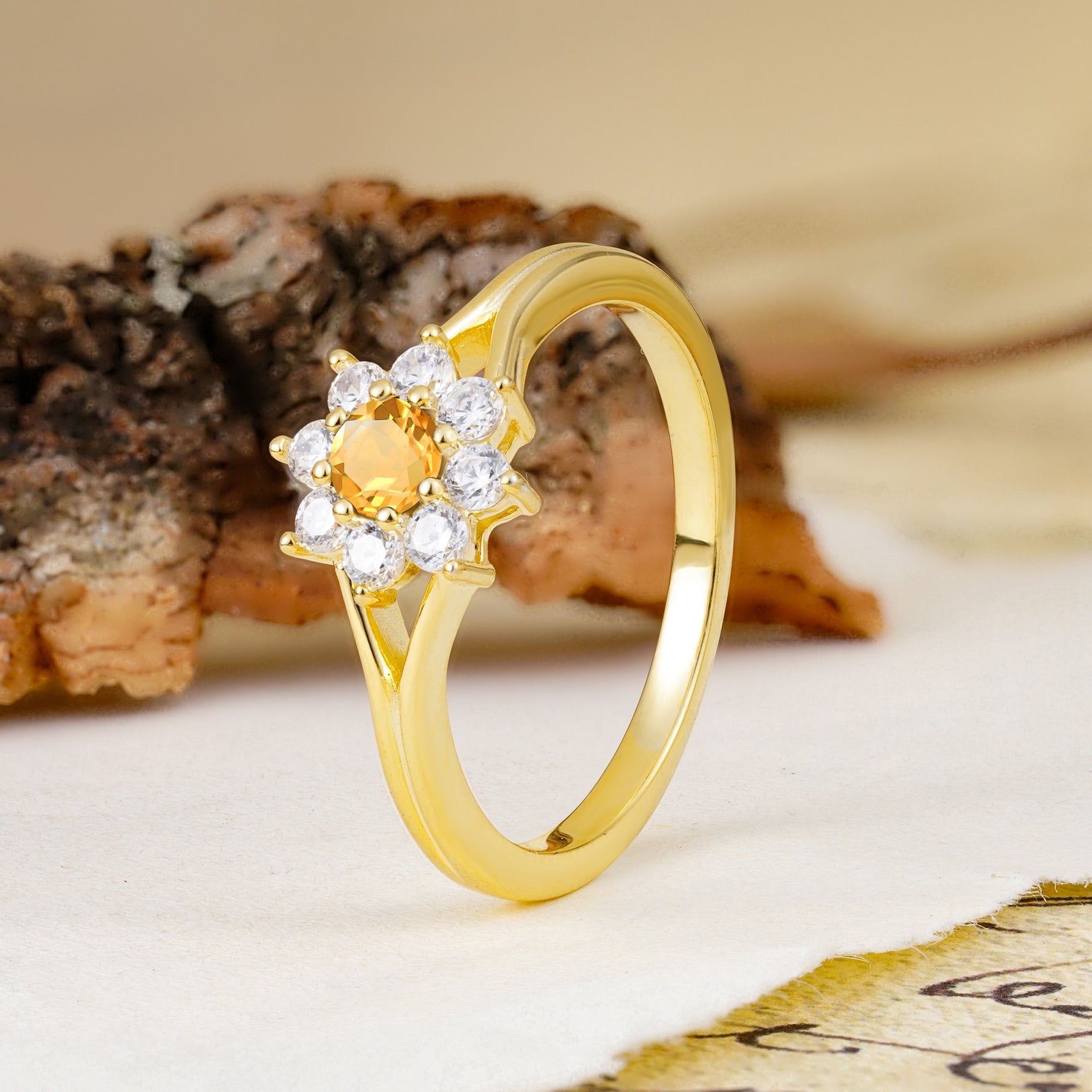 Natural Inspired Flower Shape 8-Prong Round Cut Citrine Engagement Ring - Additional view