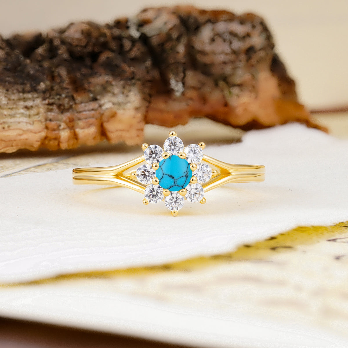 Natural Inspired Flower Shape 8-Prong Round Cut Turquoise Engagement Ring - Additional view