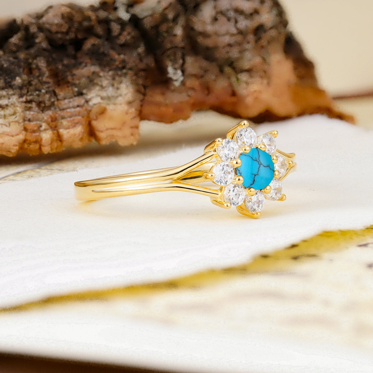 Natural Inspired Flower Shape 8-Prong Round Cut Turquoise Engagement Ring - Additional view