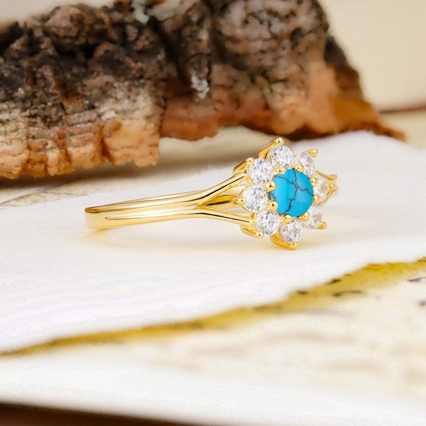 Natural Inspired Flower Shape 8-Prong Round Cut Turquoise Engagement Ring - Additional view