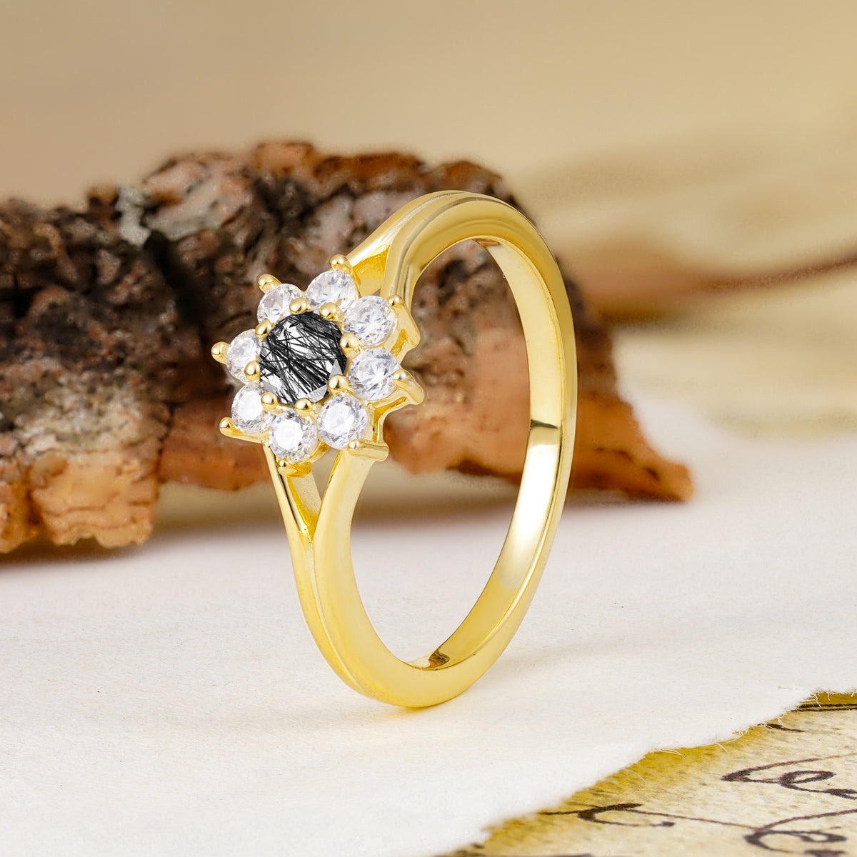 Natural Inspired Flower Shape 8-Prong Round Cut Black Rutilated Quartz Engagement Ring - Additional view