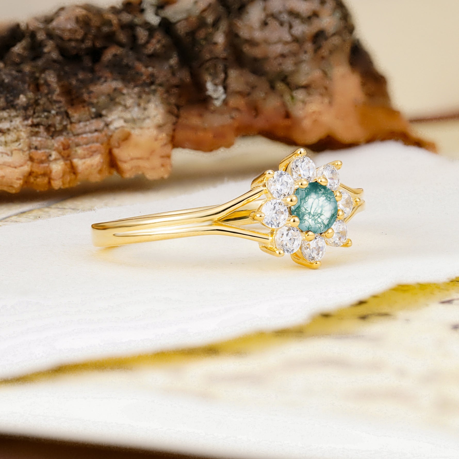 Natural Inspired Flower Shape 8-Prong Round Cut Moss Agate Engagement Ring - Additional view
