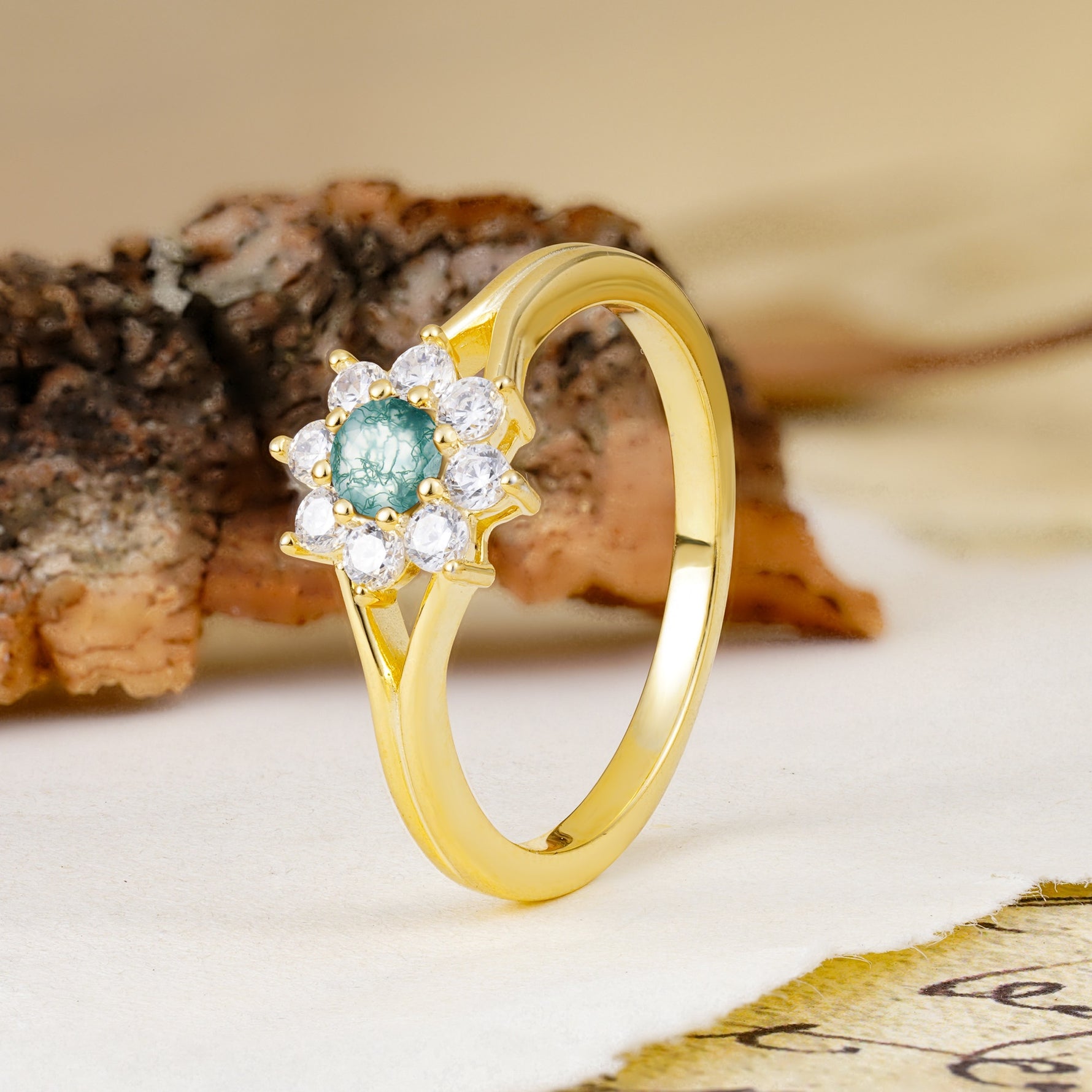 Natural Inspired Flower Shape 8-Prong Round Cut Moss Agate Engagement Ring - Additional view
