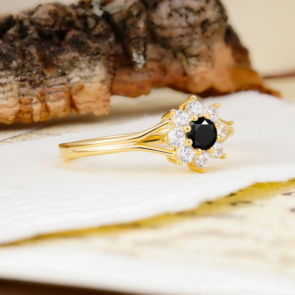 Natural Inspired Flower Shape 8-Prong Round Cut Black Onyx Engagement Ring - Additional view