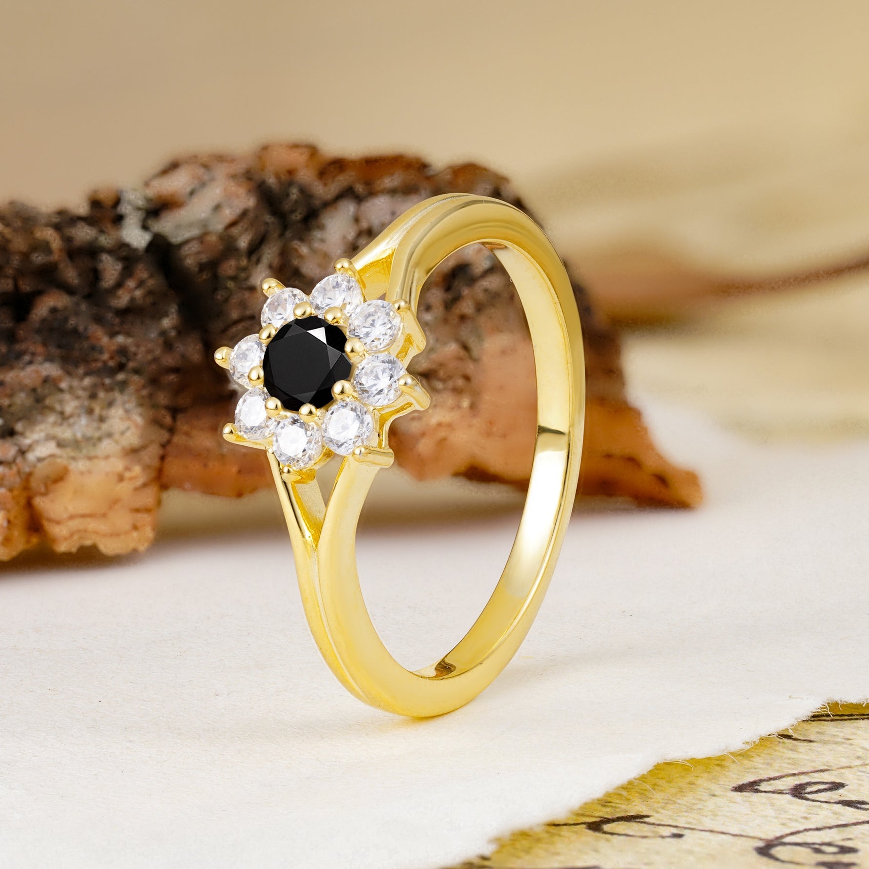Natural Inspired Flower Shape 8-Prong Round Cut Black Onyx Engagement Ring - Additional view