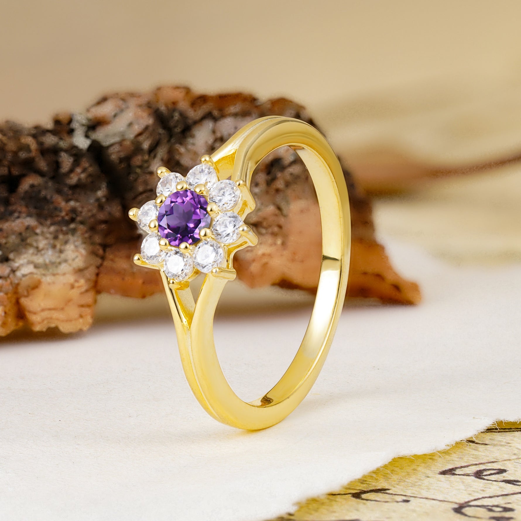 Natural Inspired Flower Shape 8-Prong Round Cut Amethyst Engagement Ring - Additional view