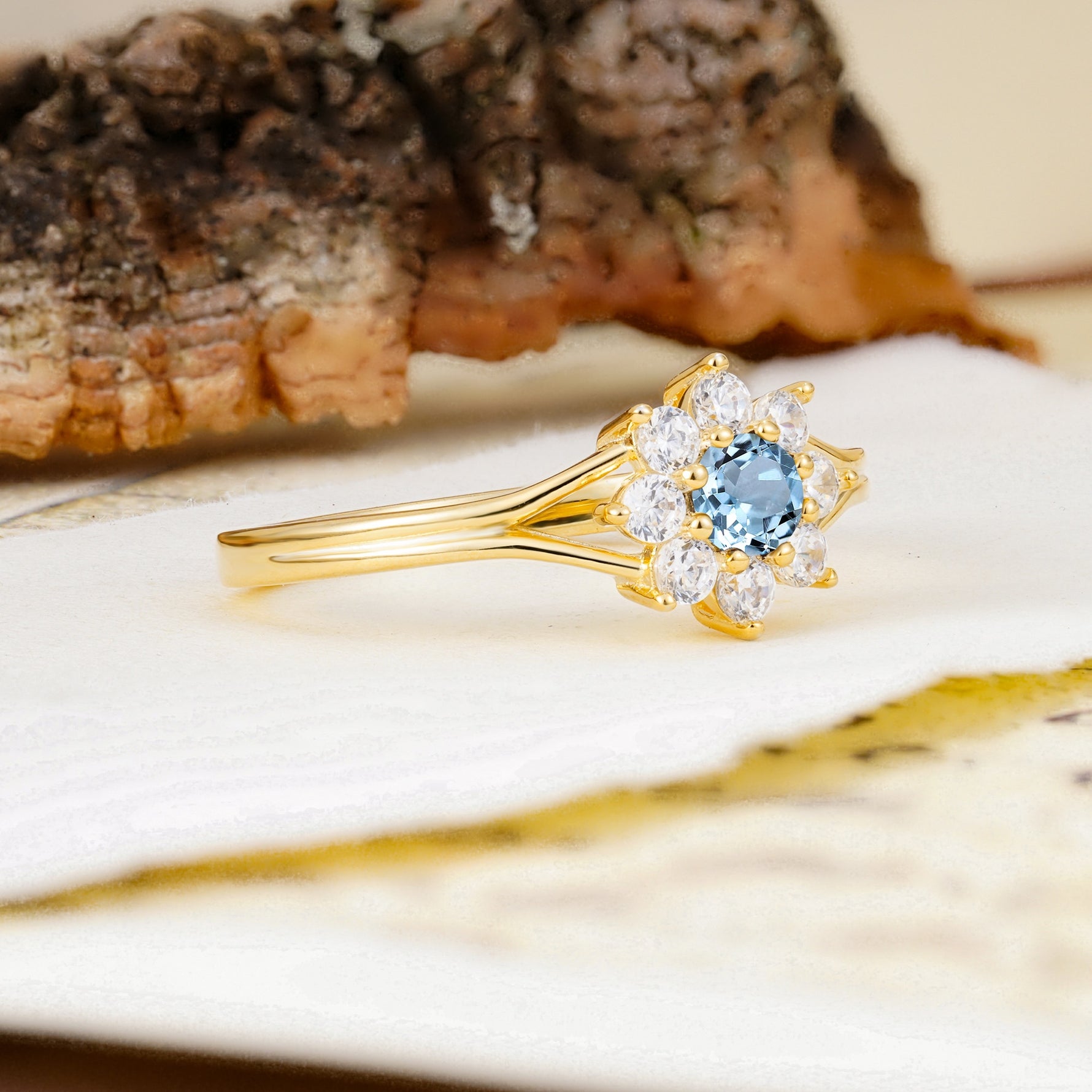 Natural Inspired Flower Shape 8-Prong Round Cut Aquamarine Engagement Ring - Additional view