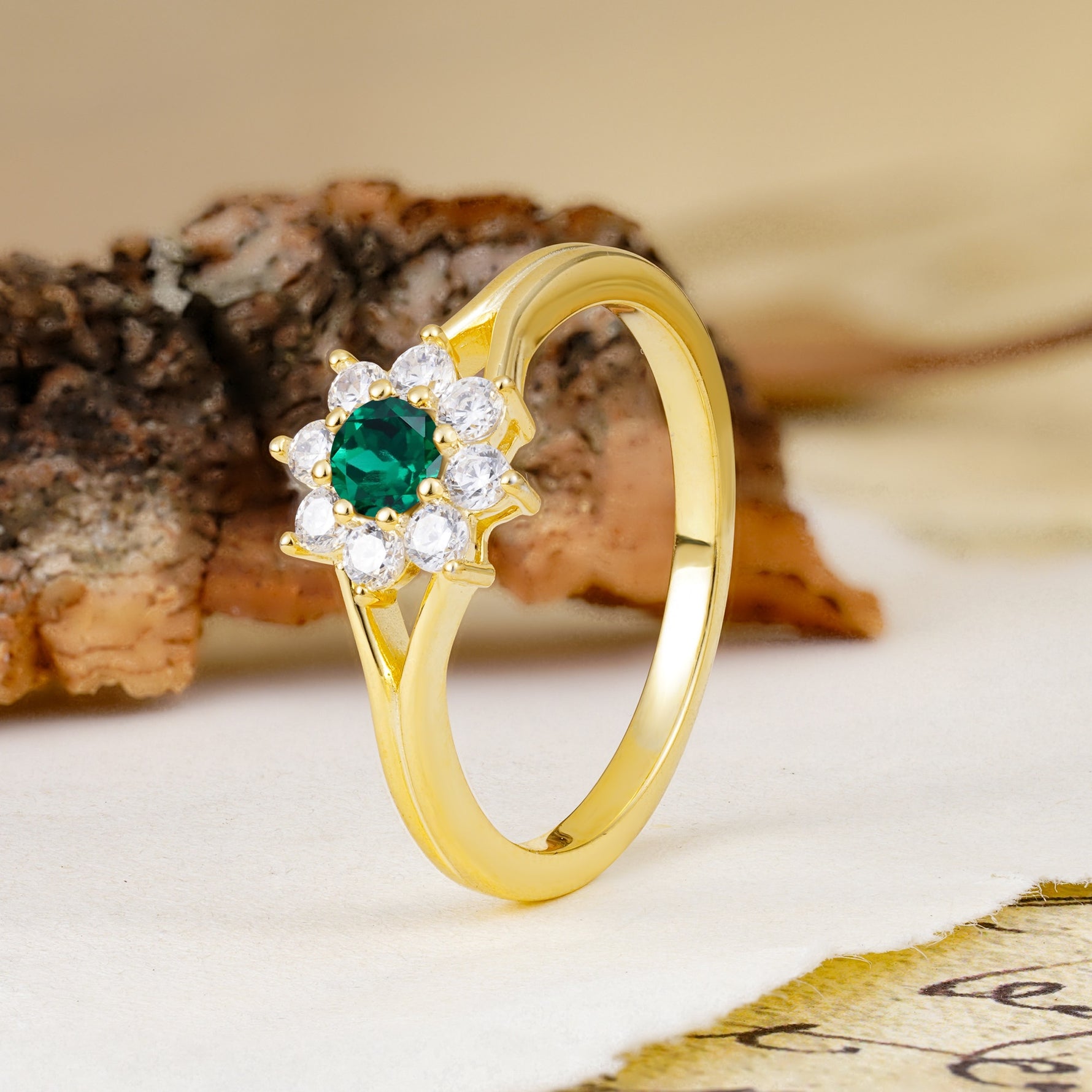 Natural Inspired Flower Shape 8-Prong Round Cut Emerald Engagement Ring - Additional view
