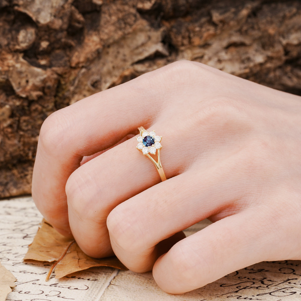 Natural Inspired Flower Shape 8-Prong Round Cut Alexandrite Engagement Ring - Additional view