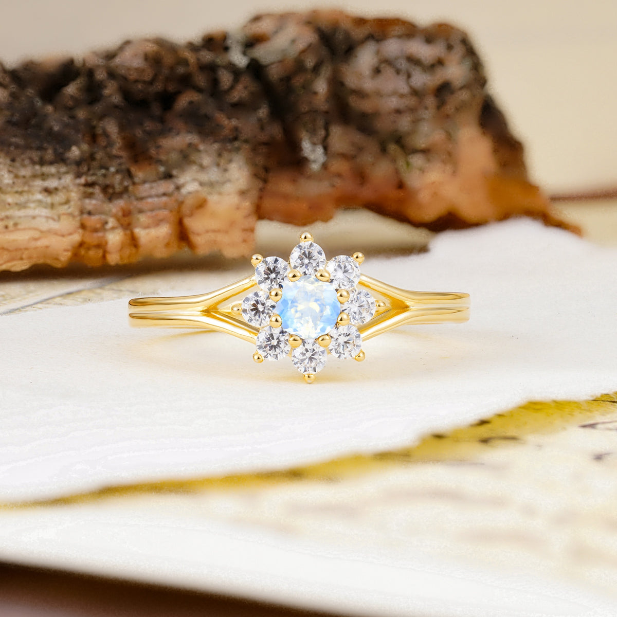 Natural Inspired Flower Shape 8-Prong Round Cut Moonstone Engagement Ring - Additional view