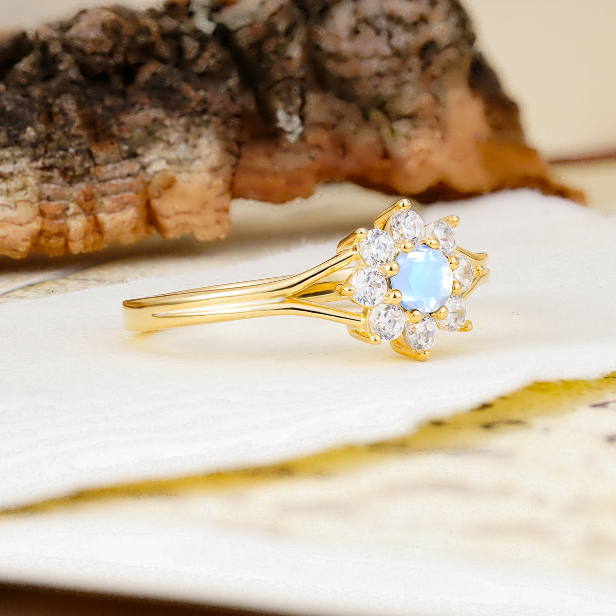 Natural Inspired Flower Shape 8-Prong Round Cut Moonstone Engagement Ring - Additional view