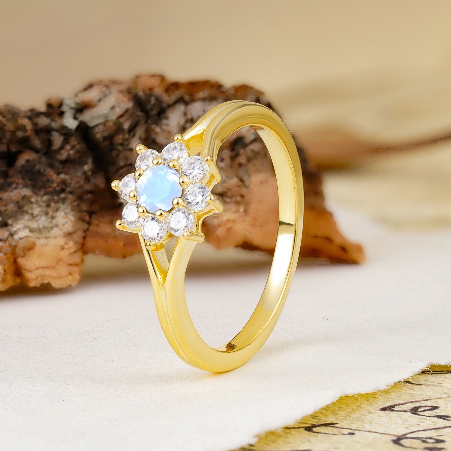 Natural Inspired Flower Shape 8-Prong Round Cut Moonstone Engagement Ring - Additional view
