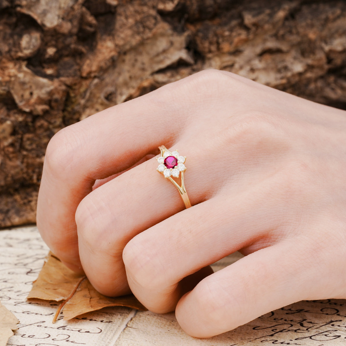 Natural Inspired Flower Shape 8-Prong Round Cut Ruby Engagement Ring - Additional view