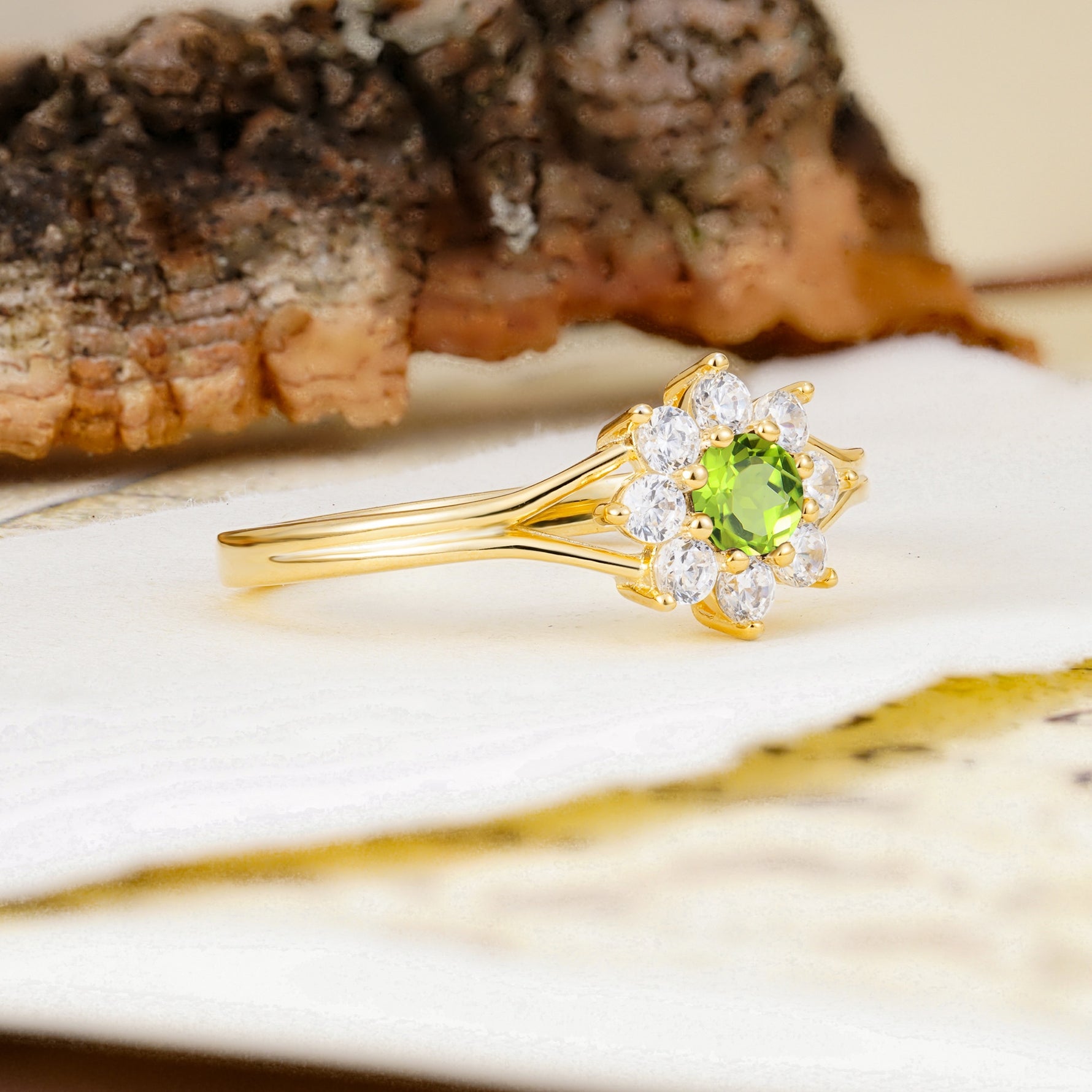 Natural Inspired Flower Shape 8-Prong Round Cut Peridot Engagement Ring - Additional view