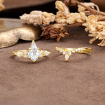 Vintage Milgrain Floral Kite Cut Moissanite Bridal ring set - White-Gold