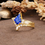 Vintage Milgrain Floral Kite Cut Sapphire Bridal ring set - Rose-Gold