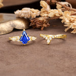 Vintage Milgrain Floral Kite Cut Sapphire Bridal ring set - White-Gold