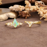Vintage Milgrain Floral Kite Cut Fire Opal Bridal ring set - White-Gold