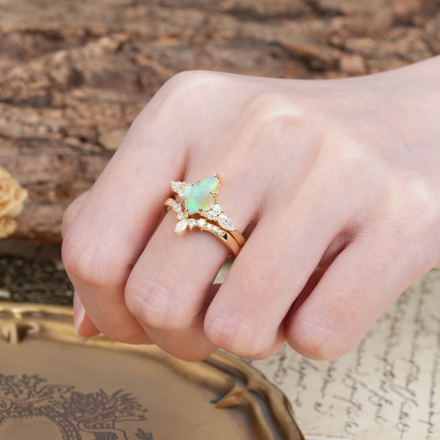 Vintage Milgrain Floral Kite Cut Fire Opal Bridal ring set