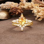 Vintage Milgrain Floral Kite Cut Citrine Bridal ring set - Yellow-Gold