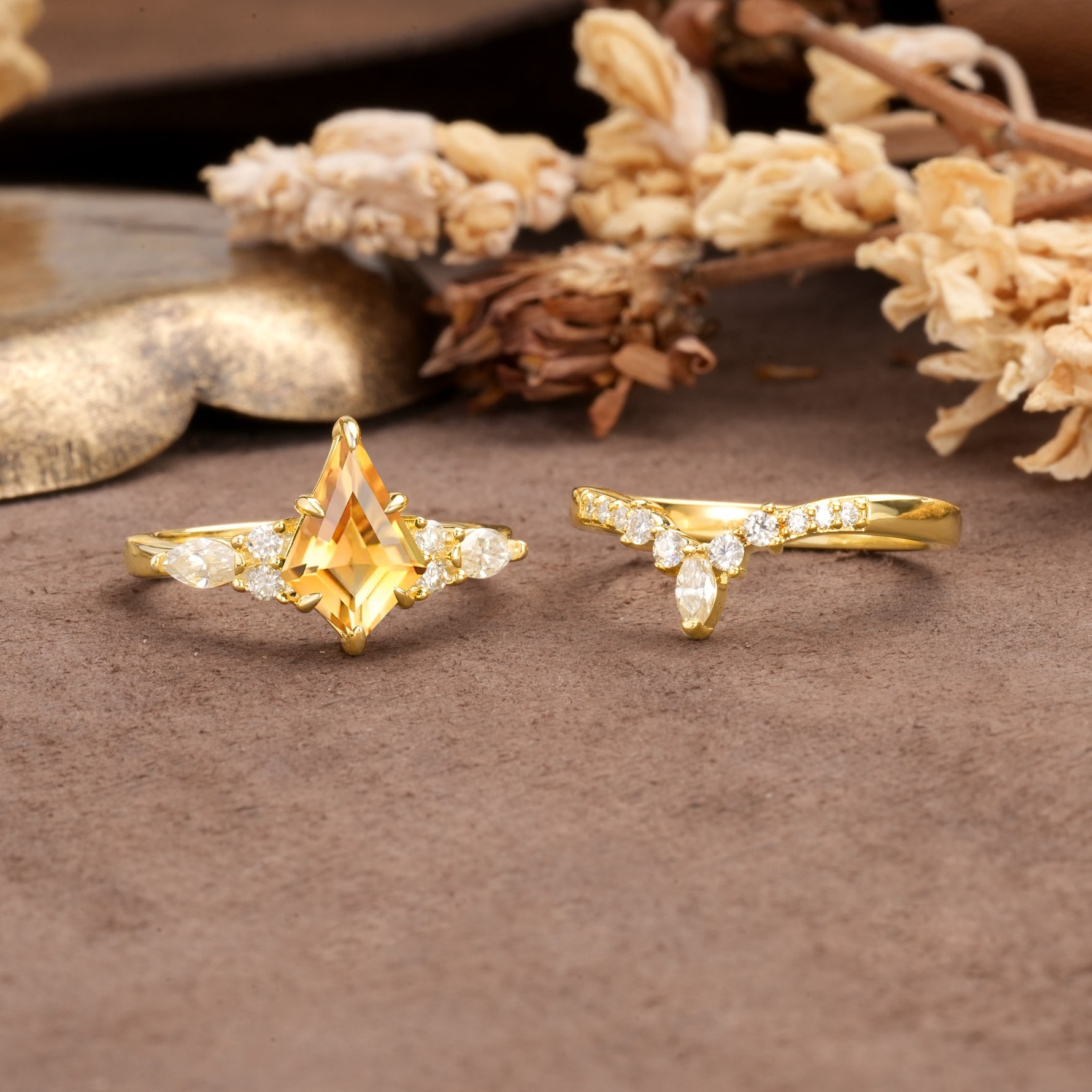 Vintage Milgrain Floral Kite Cut Citrine Bridal ring set - White-Gold