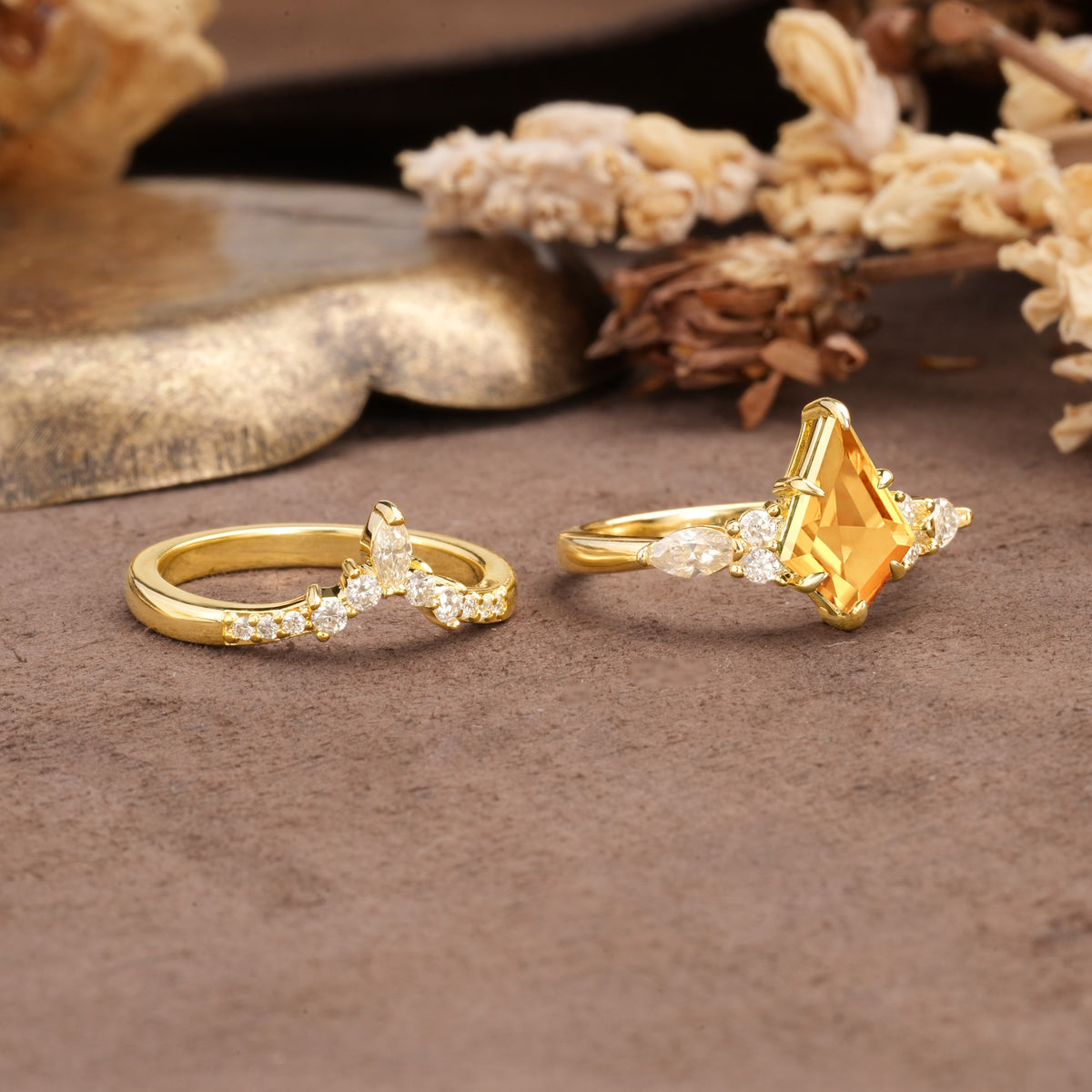 Vintage Milgrain Floral Kite Cut Citrine Bridal ring set - Additional view