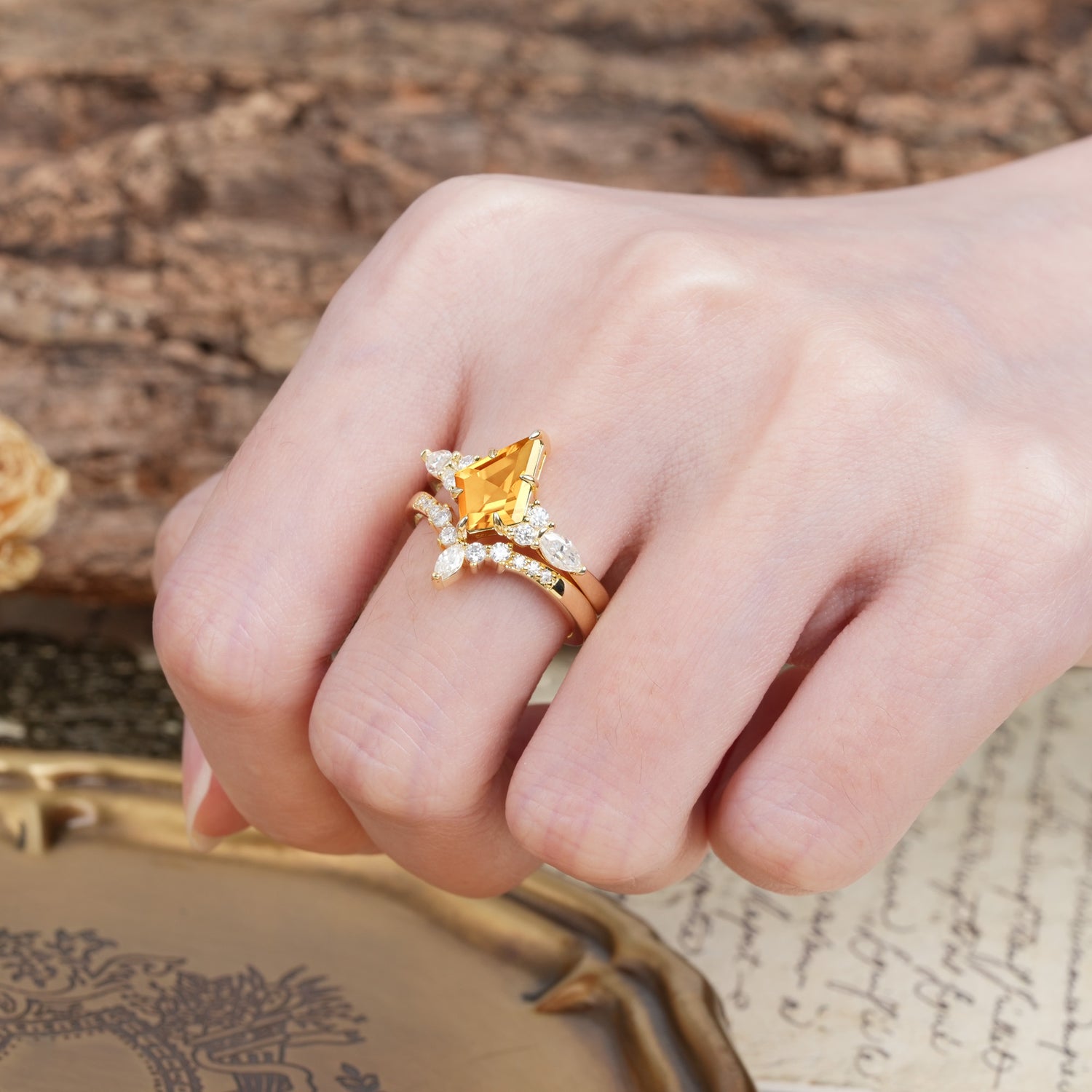 Vintage Milgrain Floral Kite Cut Citrine Bridal ring set