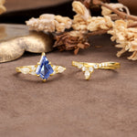 Vintage Milgrain Floral Kite Cut Tanzanite Bridal ring set - White-Gold